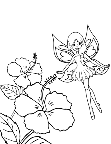 Fairy Flies Over Hibiscus Coloring Page